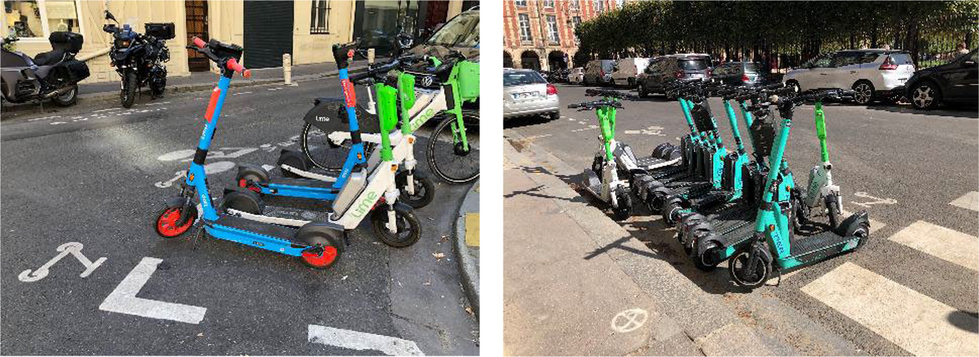 写真2:シェア電動スクーター(LIME、TIER)と街中の駐輪スポット