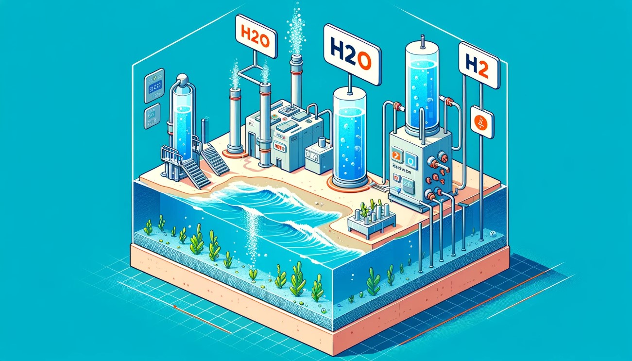 海水の電気分解技術もほぼ確立されてきている。(ChatGPT DALL-E3により生成)